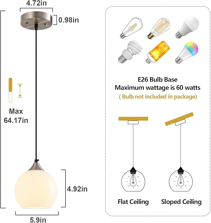 Milky Luster Glass Pendant Lights Kitchen Island Globe Pendant Light Fixtures Modern Pendant Lighting for Bedroom Living Dining Room Light Fixture (5.9 in, 3 Pack)