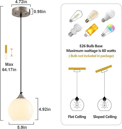 Milky Luster Glass Pendant Lights Kitchen Island Globe Pendant Light Fixtures Modern Pendant Lighting for Bedroom Living Dining Room Light Fixture (5.9 in, 3 Pack)