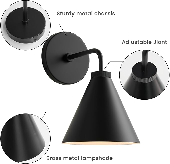 Retro Industrial Metal Cone Sconce Light - Vintage Inspired Modern Black Wall Sconce with Metal Shade, Wall Mount Lighting for Bedroom, Hallway, Living Room (10.5“W x 10.5" L x 12.5" H Black)