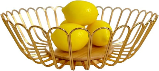 Gold Fruit Basket Metal Wire Fruit Basket Bowl Kitchen Countertop Large Storage Serving Holder for Lemon Banana Onion - Wooden Stand - 12 Inch (Gold Wood)