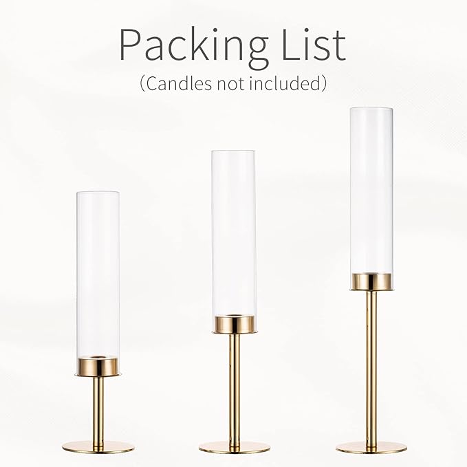 Hurricane Taper Candle Holders: Gold Glass Candlestick Holder Tall Candle Sticks Holder Decor with Glass Cover for Wedding Table Centerpiece Party Birthday Christmas Home Mantel Set of 3