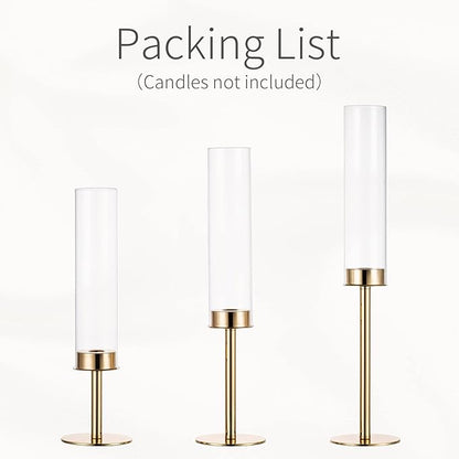 Hurricane Taper Candle Holders: Gold Glass Candlestick Holder Tall Candle Sticks Holder Decor with Glass Cover for Wedding Table Centerpiece Party Birthday Christmas Home Mantel Set of 3