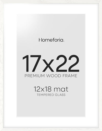 Homeforia 17x22 White Picture Frame, High End Oak 17x22 White Wooden Poster Frames with Mat 12x18 for Print, 17 x 22 Wood Frame Matted to 12 x 18 Photo, 22x17 Frame, Tempered Glass, Wall Kit, Set of 1