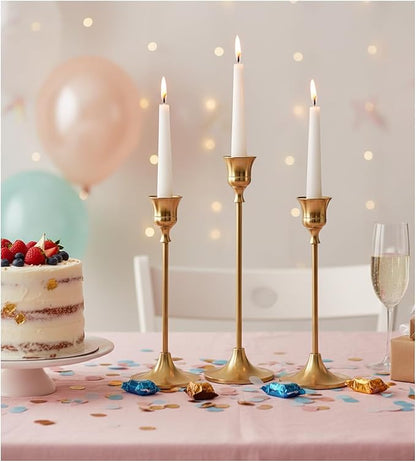 Candle Holder, Modern Minimalist Brass Gold Metal Candlestick Holders, Set of 3 Tall - Elegant Taper Candle Holders for Table Centerpiece, Wedding, Dinner Party Home Decor