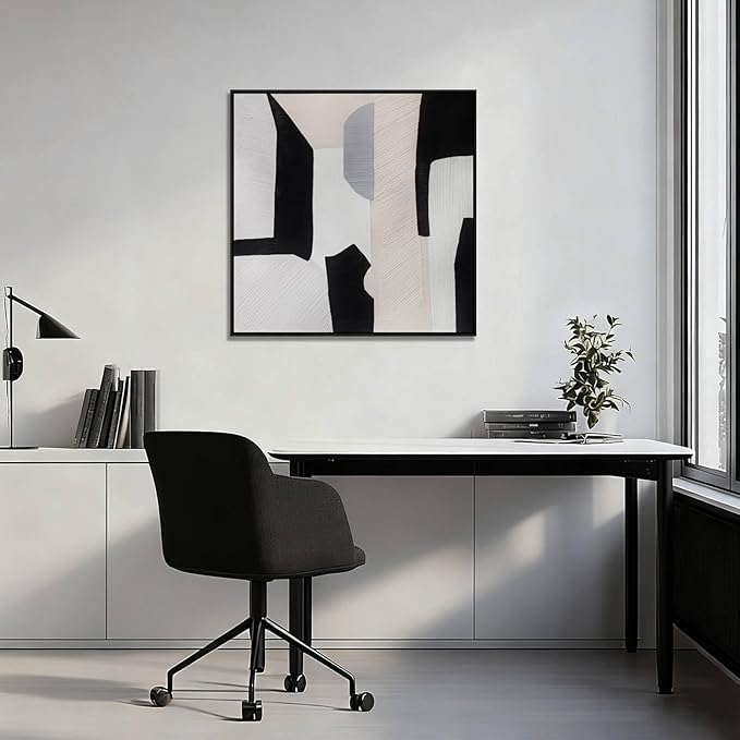 LEVERUP Black and White Square Geometric Pattern Wall Artwork Modern Painting Posters Abstract Wall Decor for Dining Room Bedroom Kitchen 32×32 Inchs