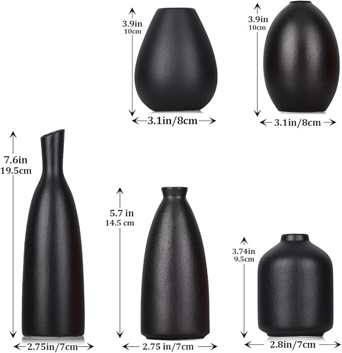 Black Ceramic Bud Vases Set of 5, Farmhouse & Mantle Decor, Home Decoration for Living Room, Kitchen & Office, Coffee Table Decor, Bulk Bud Vases
