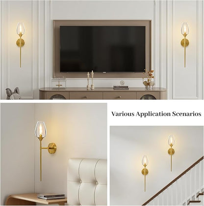 Gold Glass Wall Sconce Light: Modern Decorative Sconces Lights over Mirror - Vintage Brushed Brass Bathroom Vanity Lighting with Flower Shade - Indoor Glass Wall Mount Lamp for Bedroom Living Room