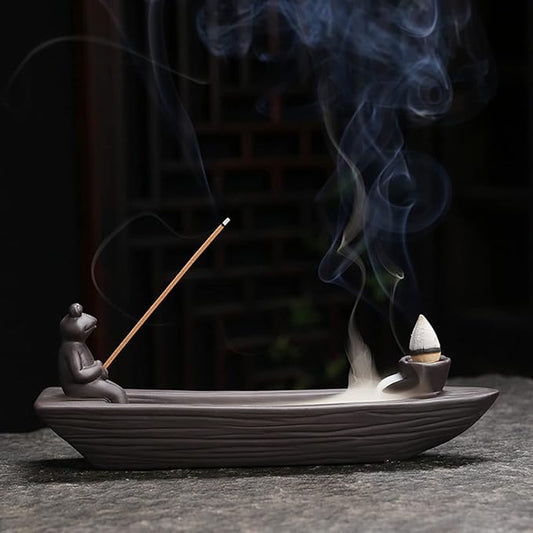 ChangWanna Frog Incense Holder Waterfall - Ceramic Cone Backflow Incense Burner Smoke Fountain, Back Flowing Incense Diffuser with 45 Sticks & 12 Cones, Frog Ornament for Aromatherapy/Yoga/Home Decor