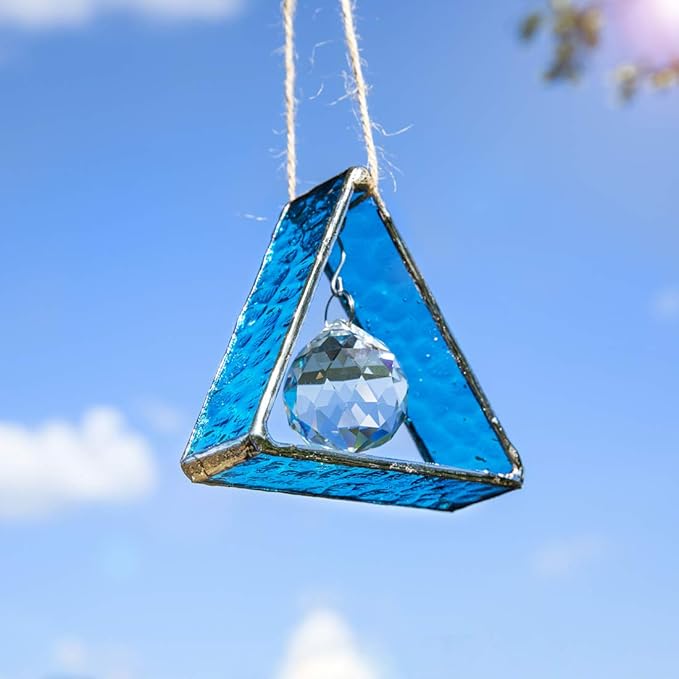 H&D HYALINE & DORA Stained Glass Window Sun Catcher Hangings Pyramid Colored Glass Hanging Ornament for Wall, Window，Car and Party Decoration,Blue