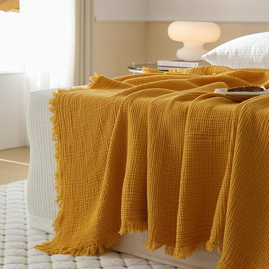 100% Cotton 4-Layer Muslin Blanket with Fringes, 50"x60", Mustard Yellow Throw Blanket, Ultra-Soft Gauze Blanket, Boho Bedding for All Seasons, Breathable for Couch, Bed(Mustard Yellow,Throw)