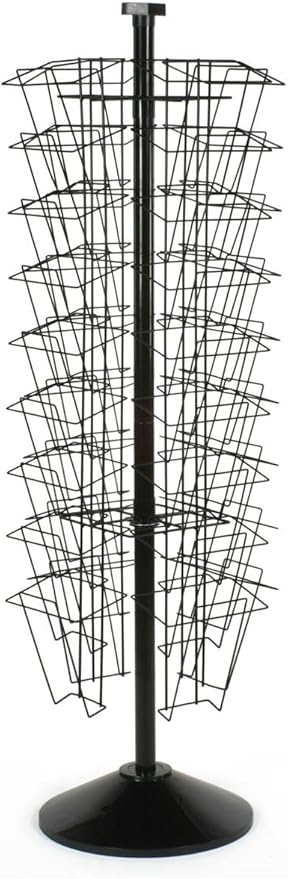 Displays2go 59 Inch Black Wire Tiered Rotating Magazine Stand with 36 Compartments, Floor Standing, Includes Sign Holder - Perfect for Lobbies, Offices, Retail Stores - Black (WSFM936PB)