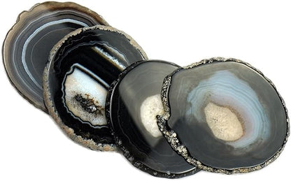 Black Agate Slices Geode Coasters Set of 4 with Rubber Bumpers - Unique 4-5 Inch Dyed Stone Drink Crystal Coasters Bulk for Home Decor, Coffee Table, Bar Accessories