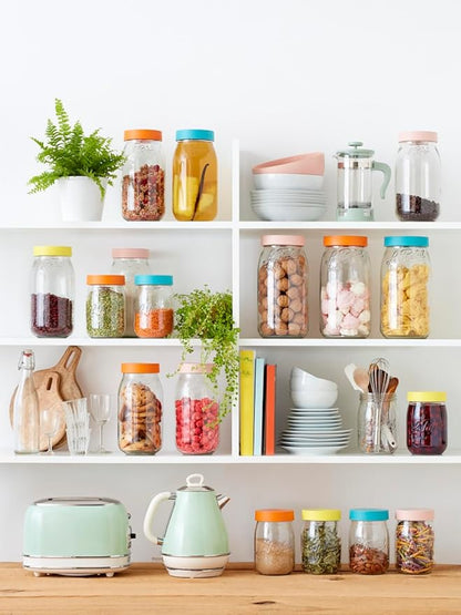 Le Parfait Screw Top Jar Wide Mouth French Glass Jar | Ideal for Food and Soup Storage, Canning, Flour, Brown Sugar, and other Baking Supplies (1L/32oz, Pack of 4, Teal)