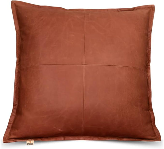 Lambskin Leather Pillow Cover - Sofa Cushion Case - Decorative Throw Covers for Living Room & Bedroom, 20x20 Inches - Orange Crunch Box Pack of 2