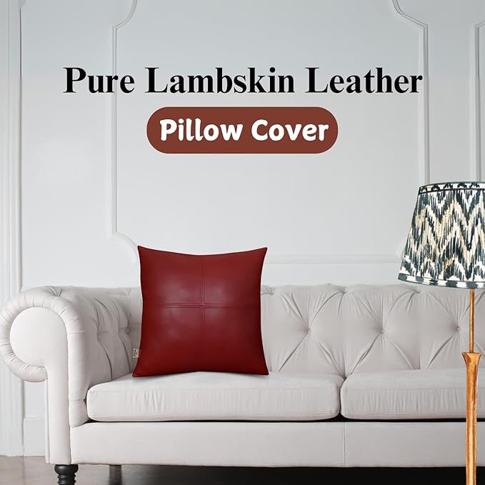 Lambskin Leather Pillow Cover, Hand Panel Stitched Leather Decorative Throw Pillow Covers for Couch Sofa Bed Living Room Garden (16x16 Inches, Reddish Brown Pack of 1)