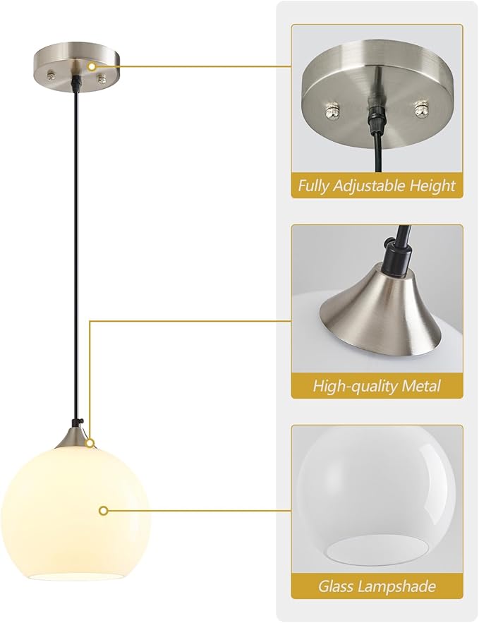 Milky Luster Glass Pendant Lights Kitchen Island Globe Pendant Light Fixtures Modern Pendant Lighting for Bedroom Living Dining Room Light Fixture (7.87 in, 1 Pack)