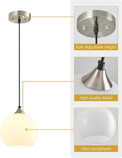 Milky Luster Glass Pendant Lights Kitchen Island Globe Pendant Light Fixtures Modern Pendant Lighting for Bedroom Living Dining Room Light Fixture (7.87 in, 2 Pack)