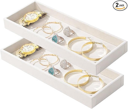 2Pcs Desk Drawer Storage Tray, Nightstand Organizer, Jewelry Display for Necklace, Bracelet, Ring, Earring, Grid Table Organizer Holder for Sunglass, Phone, Watch, Perfume (1 Grid)/Beige