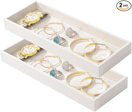 2Pcs Desk Drawer Storage Tray, Nightstand Organizer, Jewelry Display for Necklace, Bracelet, Ring, Earring, Grid Table Organizer Holder for Sunglass, Phone, Watch, Perfume (1 Grid)/Beige
