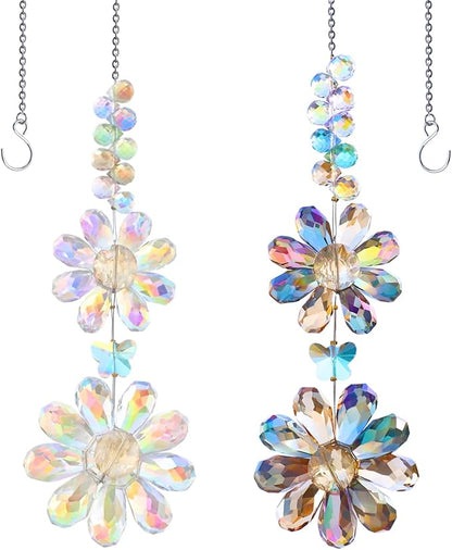 2 PCS Crystal Flower Sun Catcher Prisms Colorful Suncatcher Hanging Ornament Crystals Sunflower Rainbow Maker Suncatchers for Windows Hanging Indoor Outdoor Balcony Aesthetic Home Patio Garden Decor