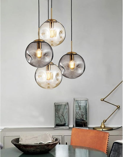 Brikey Glass Spherical Pendant Light,Gold Iron & Glass Globe Hanging Ceiling Lamp (7.8‘’, Grey)