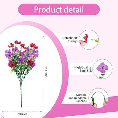 Artificial Faux Plants Flowers Outdoor Spring Summer Decoration, 12 Bundles Fake Silk Colorful Daisy Eucalyptus Realistic UV Resistant for Outside Home Planter Porch Patio Yard Decor (Red Purple)