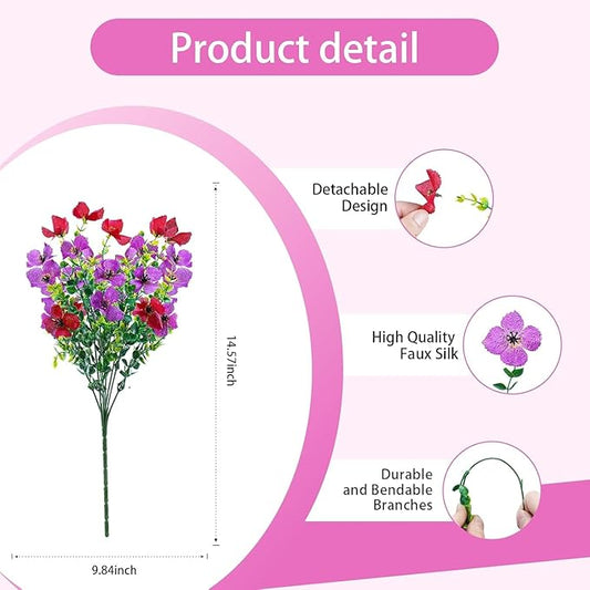 Artificial Faux Plants Flowers Outdoor Spring Summer Decoration, 12 Bundles Fake Silk Colorful Daisy Eucalyptus Realistic UV Resistant for Outside Home Planter Porch Patio Yard Decor (Red Purple)