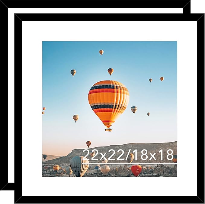 22x22 Picture Frame Set of 2 Black with 18x18 Mat, Display Photo 18x18 with Mat or 22 x 22 Without Mat, Wall Hanging Large 22x22 Poster Frame with Shatter Resistant Plexiglass, 2 Pack, Black