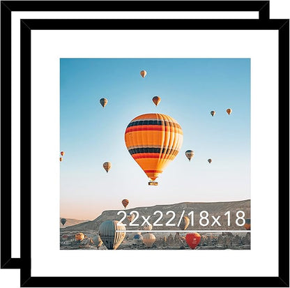 22x22 Picture Frame Set of 2 Black with 18x18 Mat, Display Photo 18x18 with Mat or 22 x 22 Without Mat, Wall Hanging Large 22x22 Poster Frame with Shatter Resistant Plexiglass, 2 Pack, Black