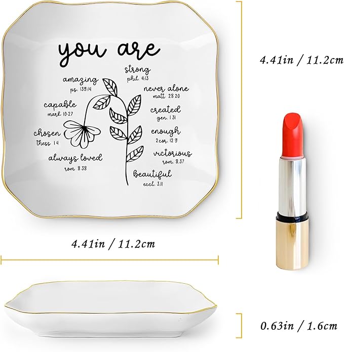 Christian Religious Bible Verse Gifts for Women, Ceramic Jewelry Dish Tray, Trinket Dish, Scripture Inspirational Motivational Gifts for Women Friend Sister Bestie