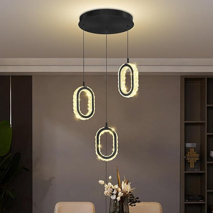 Oval Ring Chandelier Modern LED Pendant Lights for Kitchen Island Adjustable Crystal Ring Chandelier for Dining Room Bedroom Living Room 3-Light Black