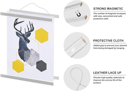Magnetic Poster Hanger, 12x18 12x16 12x24 Poster Frame Wood Wooden Magnet Print Posters Dowel Scroll Hanger Hangers Hanging Kit for Walls Map Canvas Artwork (Grey, 12")