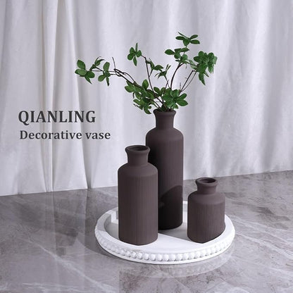 Brown Ceramic Vases Set - 3 Brown Small Vase, Farmhouse Country Vases Home Decor, Living Room Decoration, Table Decoration, Fireplace Decor, and Entrance Decorations Centerpieces