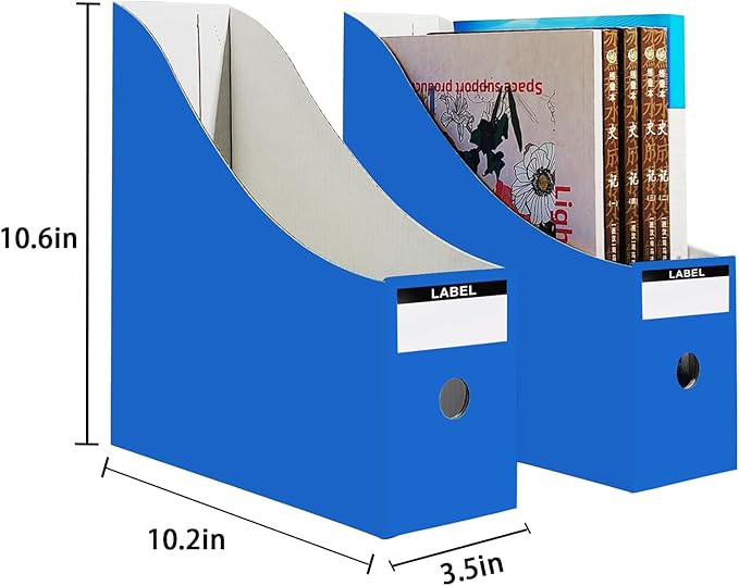 Limitliho 24 Pack Cardboard Magazine File Holder for Desktop ，Blue Book Bins for Classroom Library, Office or Home, Vertical Paper Boxes for Storage with Label(10.6" H x 10.2" L x 3.5" W in)