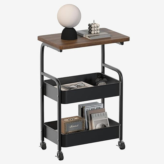 Rolling Cart with Wooden Tabletop 3-Tier Metal Utility Rolling Cart Storage Organizer with Lockable Wheels for Kitchen, Office, Bedroom
