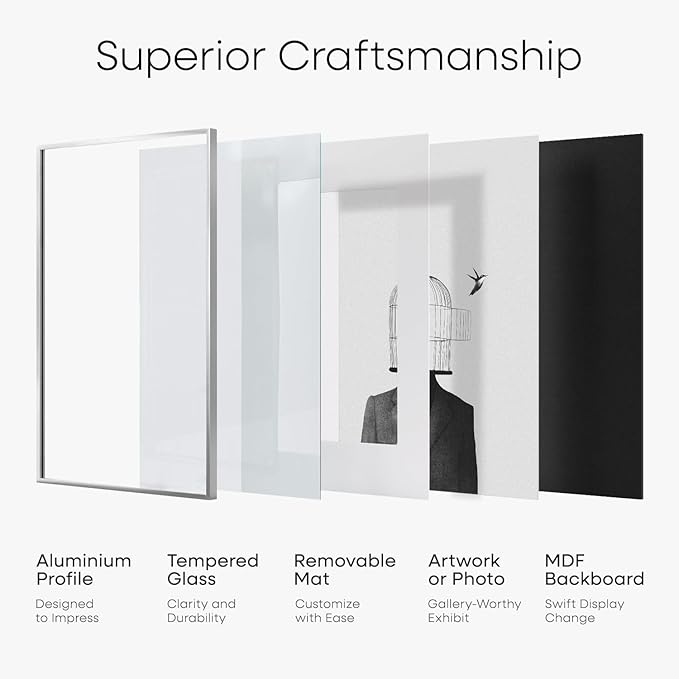 Homeforia 11 x 17 Frame Silver, High End Metal 11x17 Picture Frames with Mat 8x12 for Photo, 11 x 17 Silver Poster Frame Matted to 8 x 12 Print, 17x11 Hanging Frame, Tempered Glass, Wall Kit, Set of 2