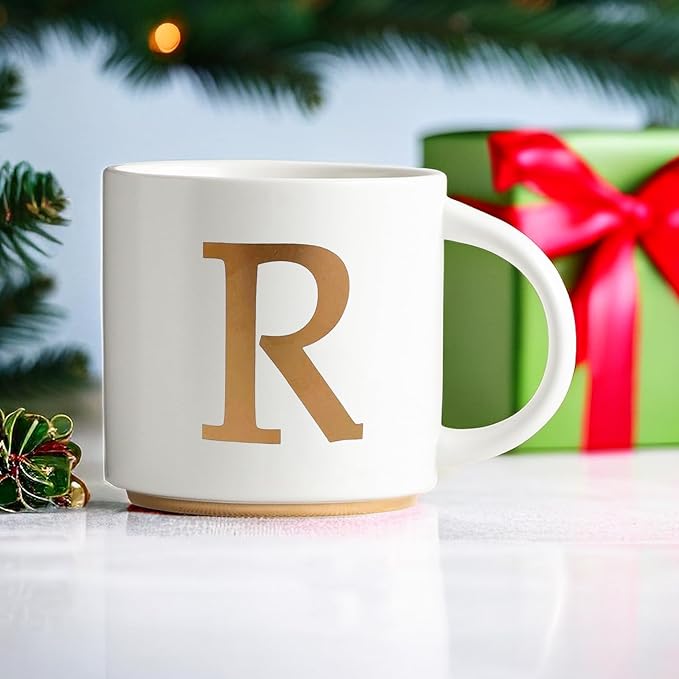 COLLECTIVE HOME - Monogram Ceramic Mugs, 15 oz Golden Initial Coffee Cups, Elegant Alphabet Tea Mugs, Elegant Personalized Mug with Gift Box, Unique Mug with Double Side Capital Letter (R)