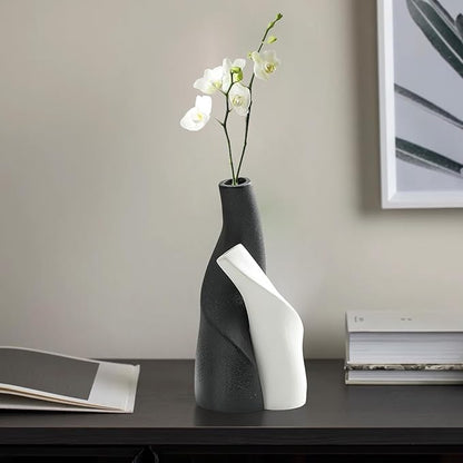 Irregular Circular Cross Ceramic Vase Set,Modern Minimalist Abstract Art Flower Vase for Home Decor,Decorative Small Bud Vase for Home Office Shelf Decor(Black White)