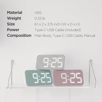 mooas Cosy Fabric LED Desk Clock, Digital Alarm Clock with USB Charging Port, 12/24H Mode, Temperature Display, Alarm & Snooze, Cozy Atmosphere, Non-Slip Silicone pad for Stability (Deep Green)