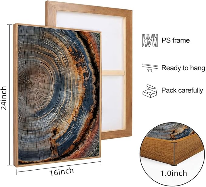 IBHJSART Framed Tree Ring Canvas Wall Art Vintage Colorful Wood Stump Painting Prints Modern Minimalist Pictures Neutral Nature Rustic Farmhouse Decor Living Room Bedroom Bathroom Office