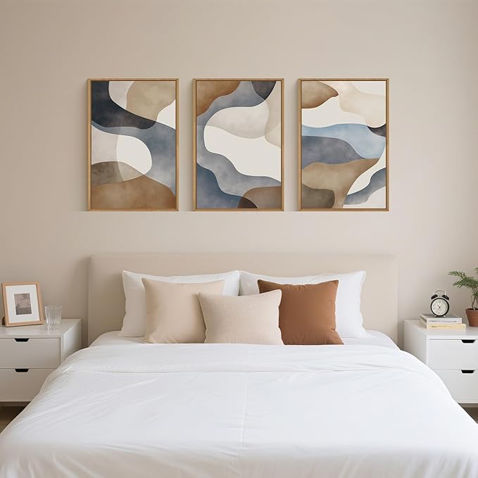 Large Abstract Watercolor Block Framed Canvas Wall Art,Colorful Neutral Geometric Wall Decor,Beige Blue and Brown Artwork,Modern Minimalist Line Art Print for Living Room,Bedroom- 24"x36"x3
