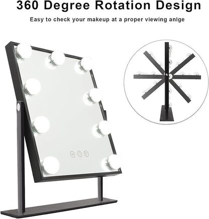 Hansong Lighted Vanity Mirror Makeup Mirror with Lights Hollywood Mirror with 9 LED Bulbs and Detachable 10X Magnification Black Vanity Mirror with Lights 360 Degree Rotation