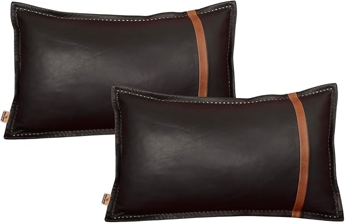 Genuine Lambskin Leather Pillow Cover, 12x20 Inch Case for Lumbar Throw Couch Pillows, Thick & Soft Cushion Covers for Sofa Bed Home Decor (Black & Tan Box Pack of 2)