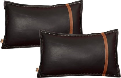 Genuine Lambskin Leather Pillow Cover, 18x26 Inch Case for Lumbar Throw Couch Pillows, Thick & Soft Cushion Covers for Sofa Bed Home Decor (Black & Tan Box Pack of 2)