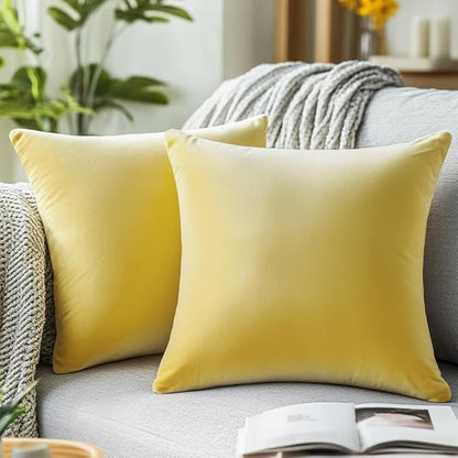 QUORGVES Yellow Velvet Pillow Covers 18x18 Inch Set of 2, Soft Solid Decorative Square Throw Pillow Covers, Decor Cushion Covers for Bed Sofa Couch Bedroom Living Room - Spring Summer Light Lemon