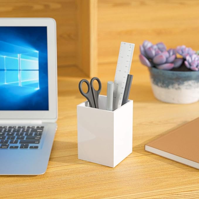 NIUBEE White Acrylic Pen Holder 2 Pack, Desktop Pencil Cup Stationery Organizer for Office Desk Accessory