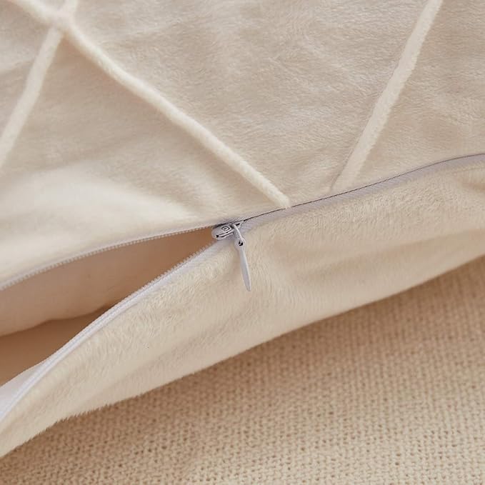 JAUXIO Diamond Pinch Pleated Crystal Velvet Pillowcases 2 Pack Solid Pintuck Throw Cushion Cover for Home Decor Hidden Zipper Closure (Cream, Standard)