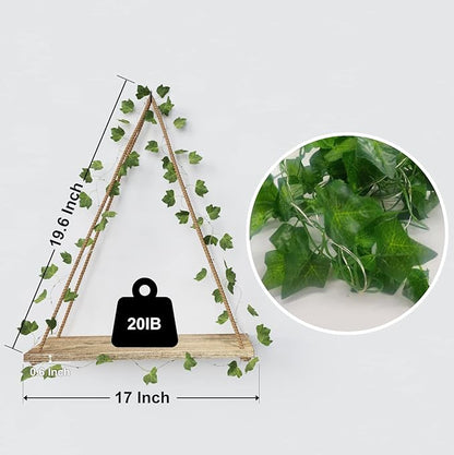 RICHER HOUSE Artificial Ivy LED-Strip Wall Hanging Shelves, Macrame Shelf for Bedroom Bathroom Living Room Kitchen, Wood Hanging Plant Shelves for Wall Décor