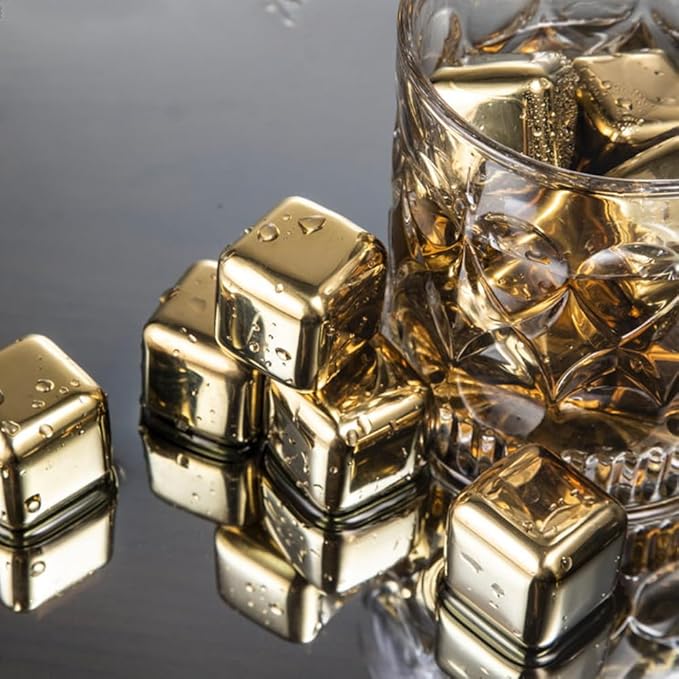 6 Small Whiskey Stones Silver - Man Gift Set - Reusable Stainless Steel Metal Ice Sphere Cubes Beverage Chilling Rocks Whiskey Stones for Red Wine, Bar Beer, Scotch, Vodka Drinks - Gold