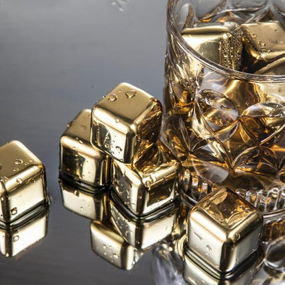 6 Small Whiskey Stones Silver - Man Gift Set - Reusable Stainless Steel Metal Ice Sphere Cubes Beverage Chilling Rocks Whiskey Stones for Red Wine, Bar Beer, Scotch, Vodka Drinks - Gold